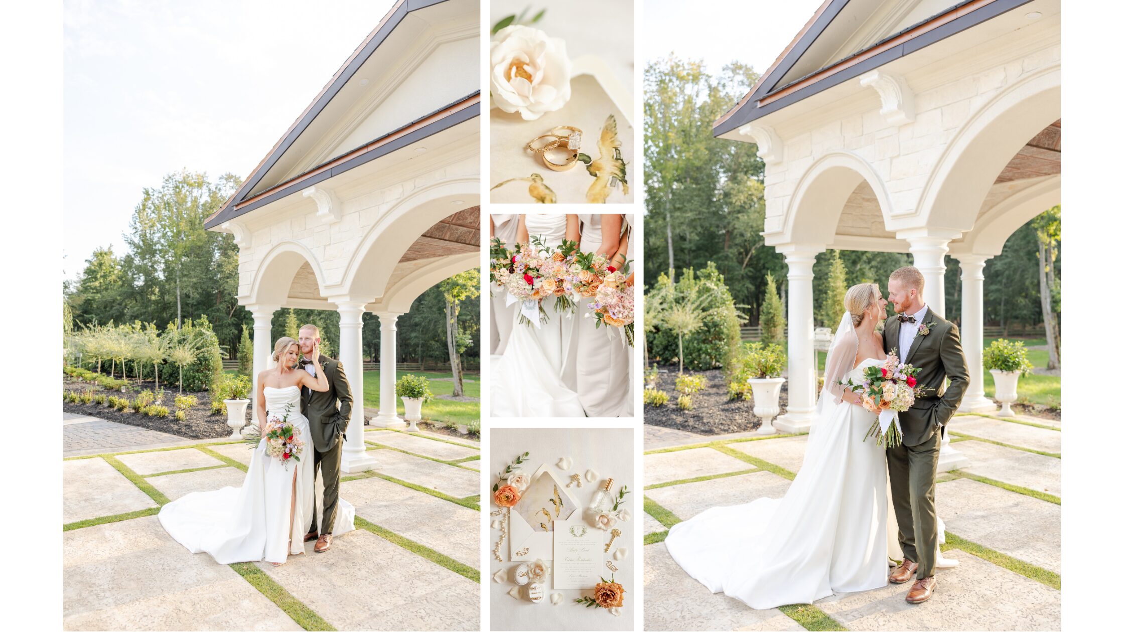 Bride and groom portraits at Lacee Meadows wedding venue in Belton South Carolina featuring romantic summer florals.