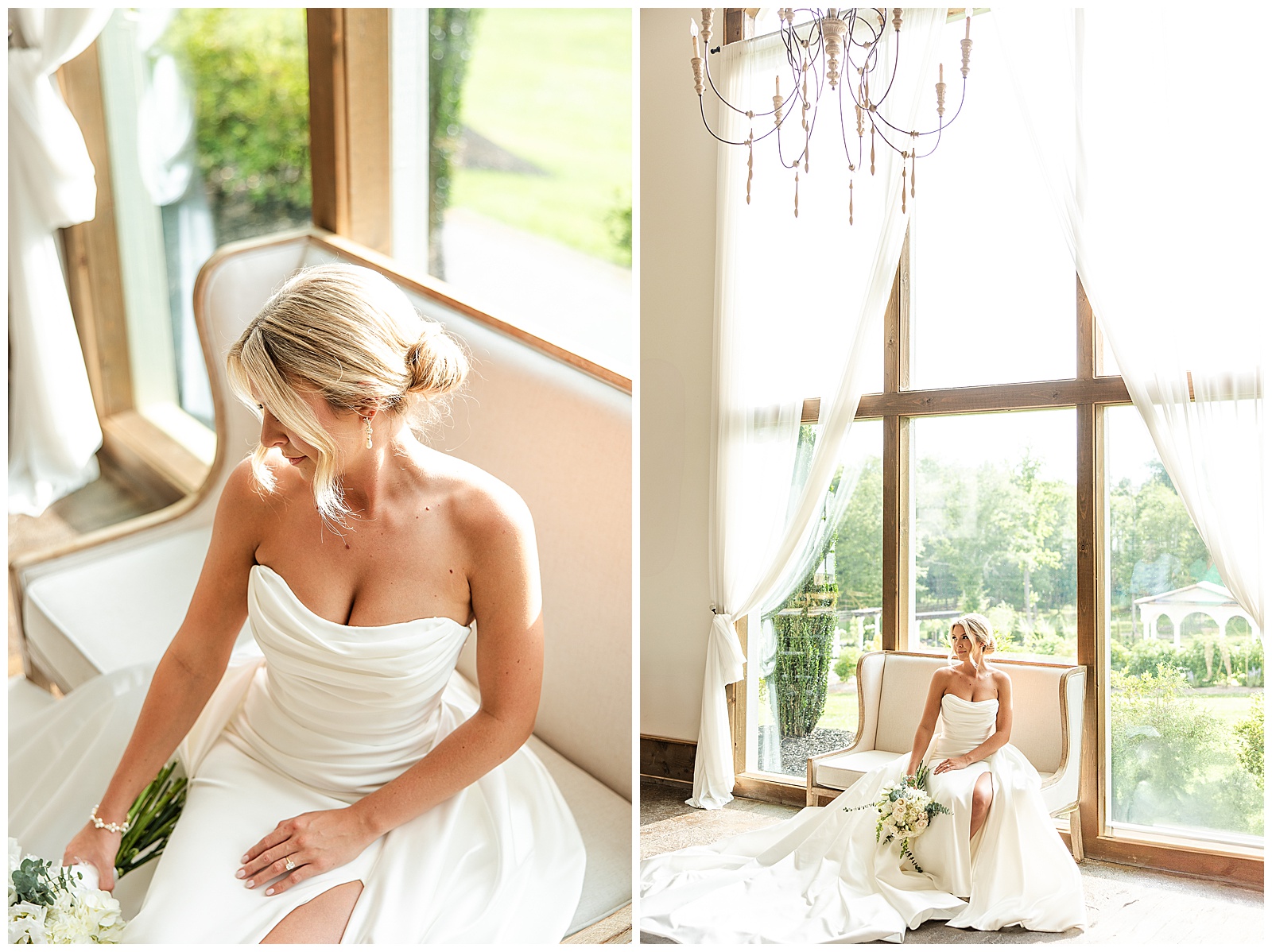 Bride sitting in front of large windows during bridal portraits at Laceê Meadows in Belton SC