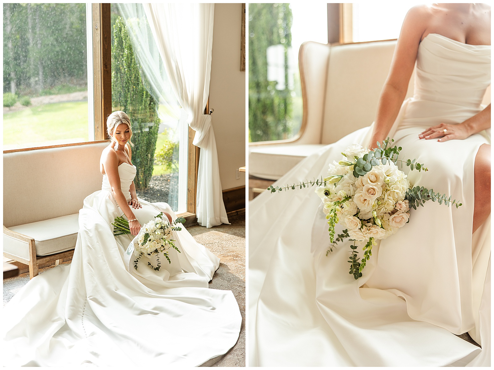Bridal bouquet resting on wedding dress during Laceê Meadows bridal portrait session