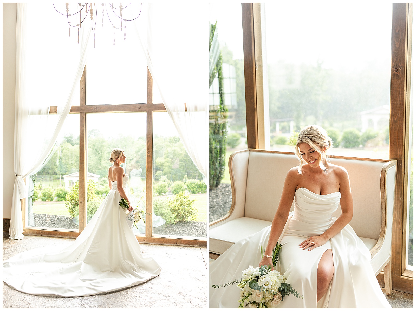 Bride sitting in front of large windows during bridal portraits at Laceê Meadows in Belton SC
