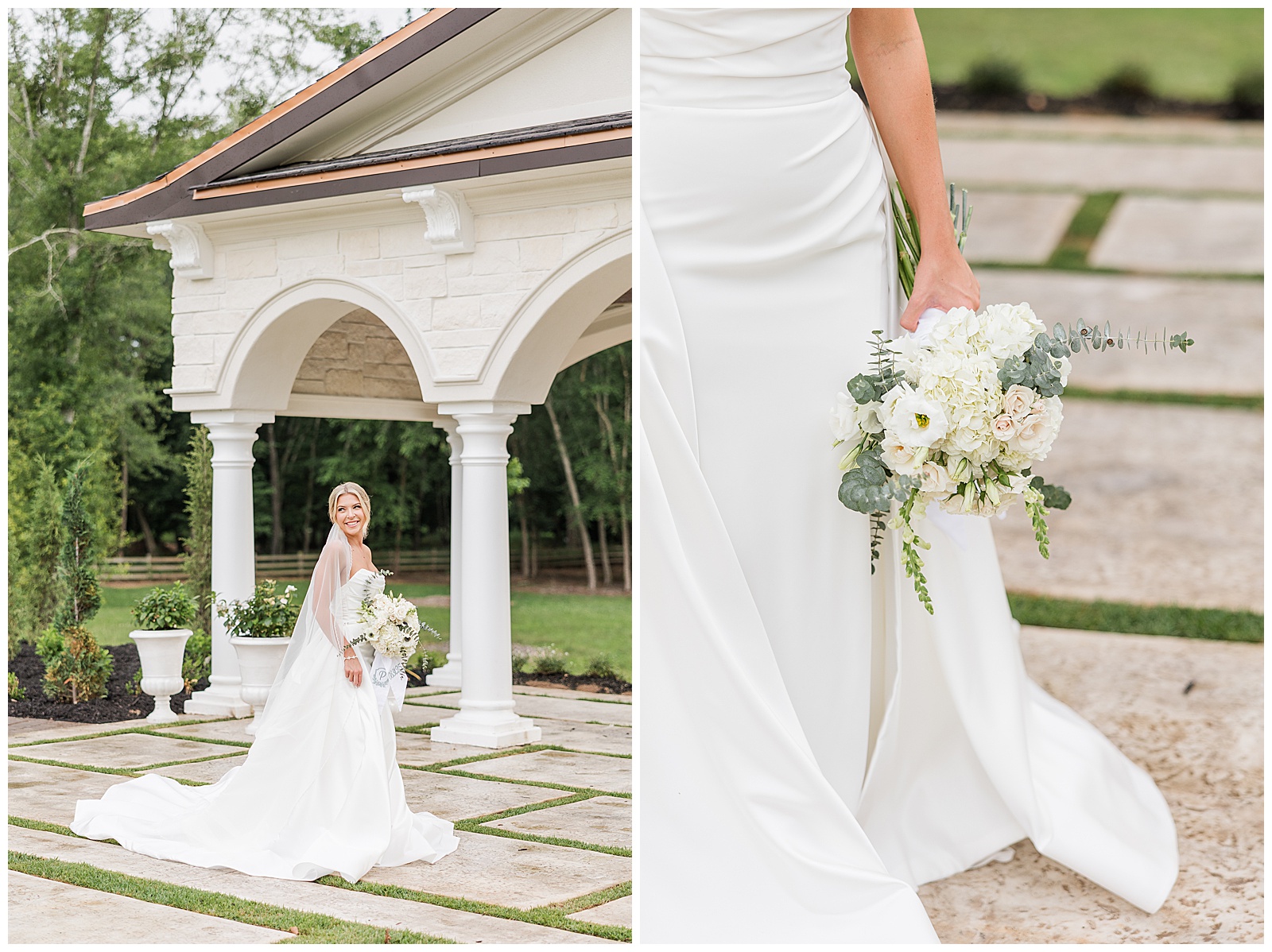 Bride with dramatic removable train during bridal portrait session at Laceê Meadows wedding venue