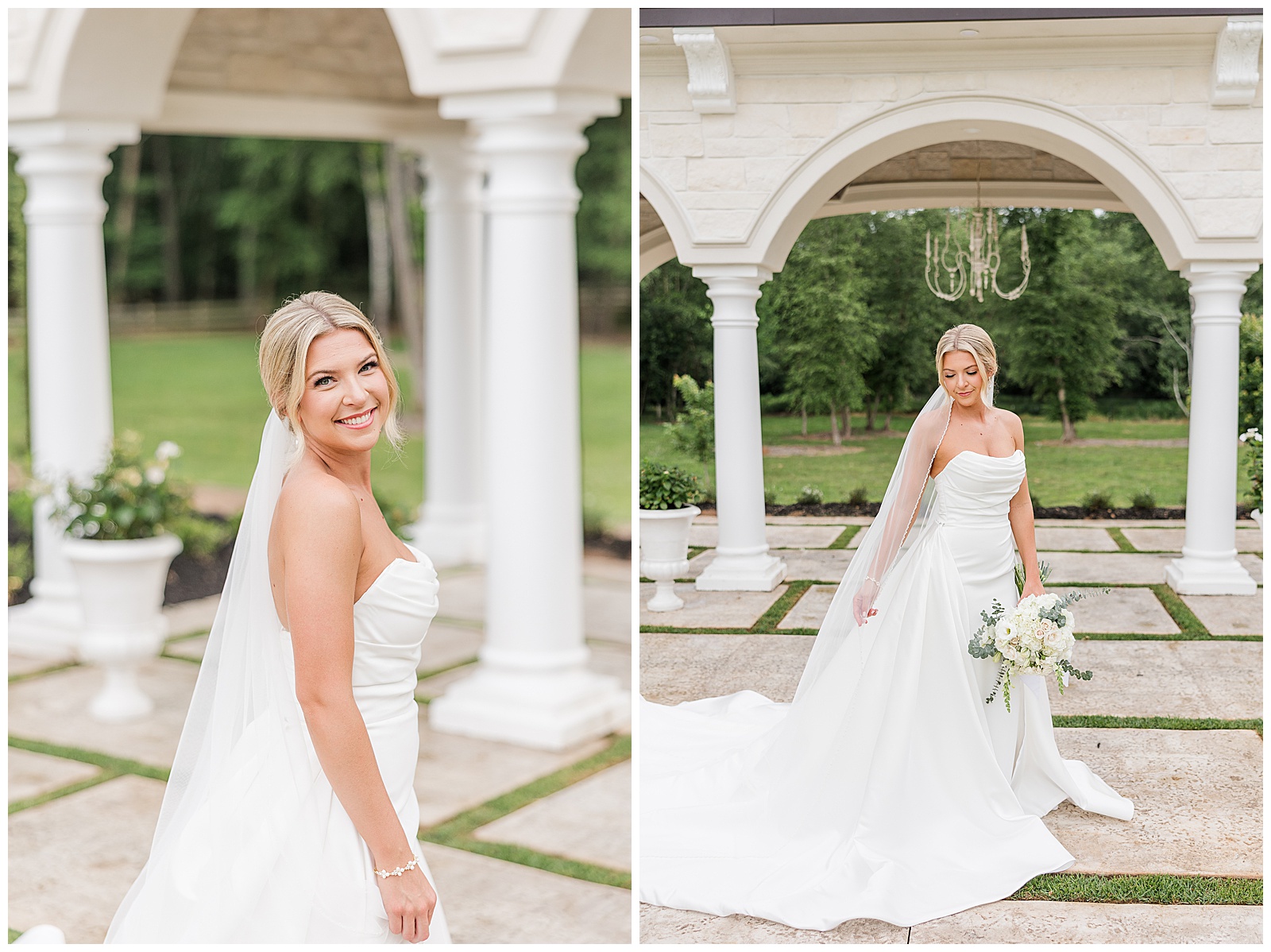 Bride in outdoor ceremony space during bridal portraits at Laceê Meadows Belton South Carolina