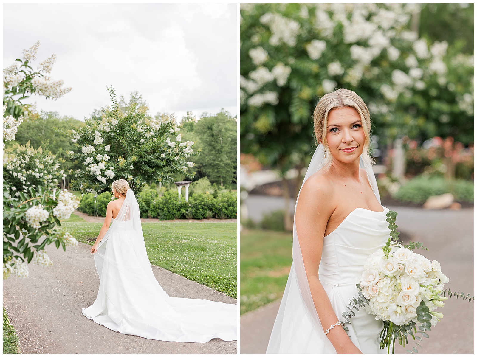 Bride holding bouquet outside during bridal portraits at Laceê Meadows in Belton SC