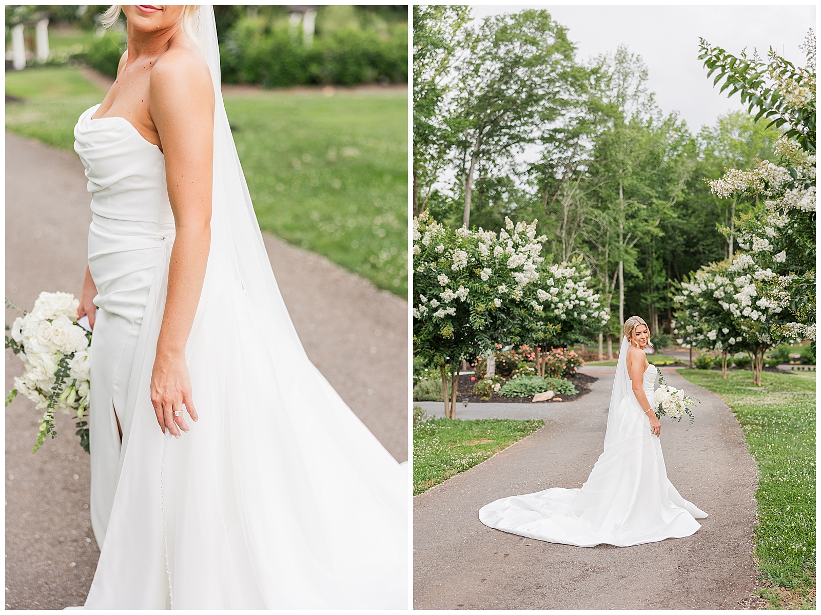 Bride holding bouquet outside during bridal portraits at Laceê Meadows in Belton SC