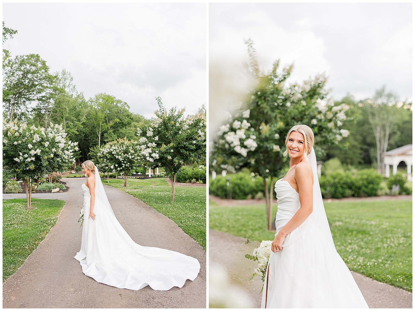 Bride holding bouquet outside during bridal portraits at Laceê Meadows in Belton SC