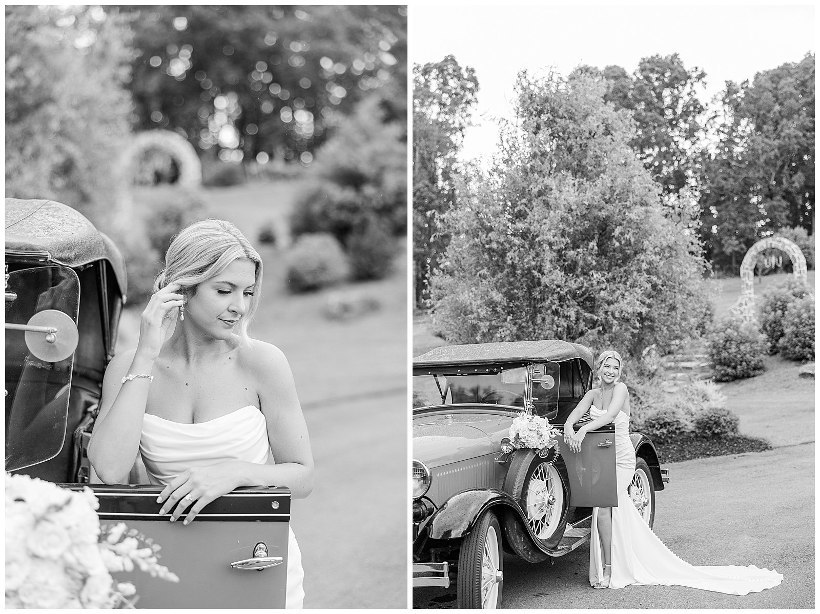 Bride with antique car outside at Laceê Meadows venue in Belton, SC