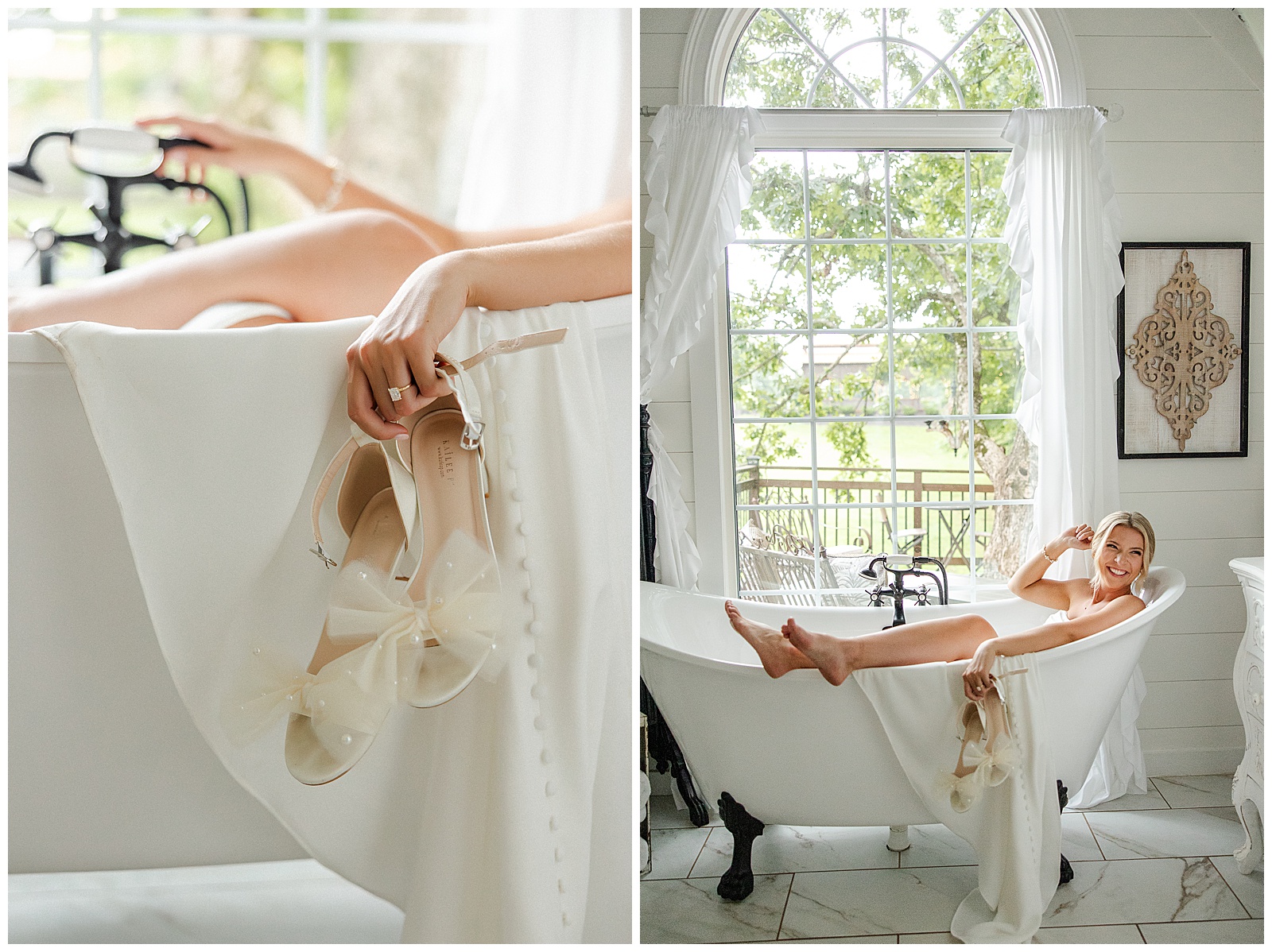 Bride in the bridal cottage bathtub at Laceê Meadows venue in Belton, SC