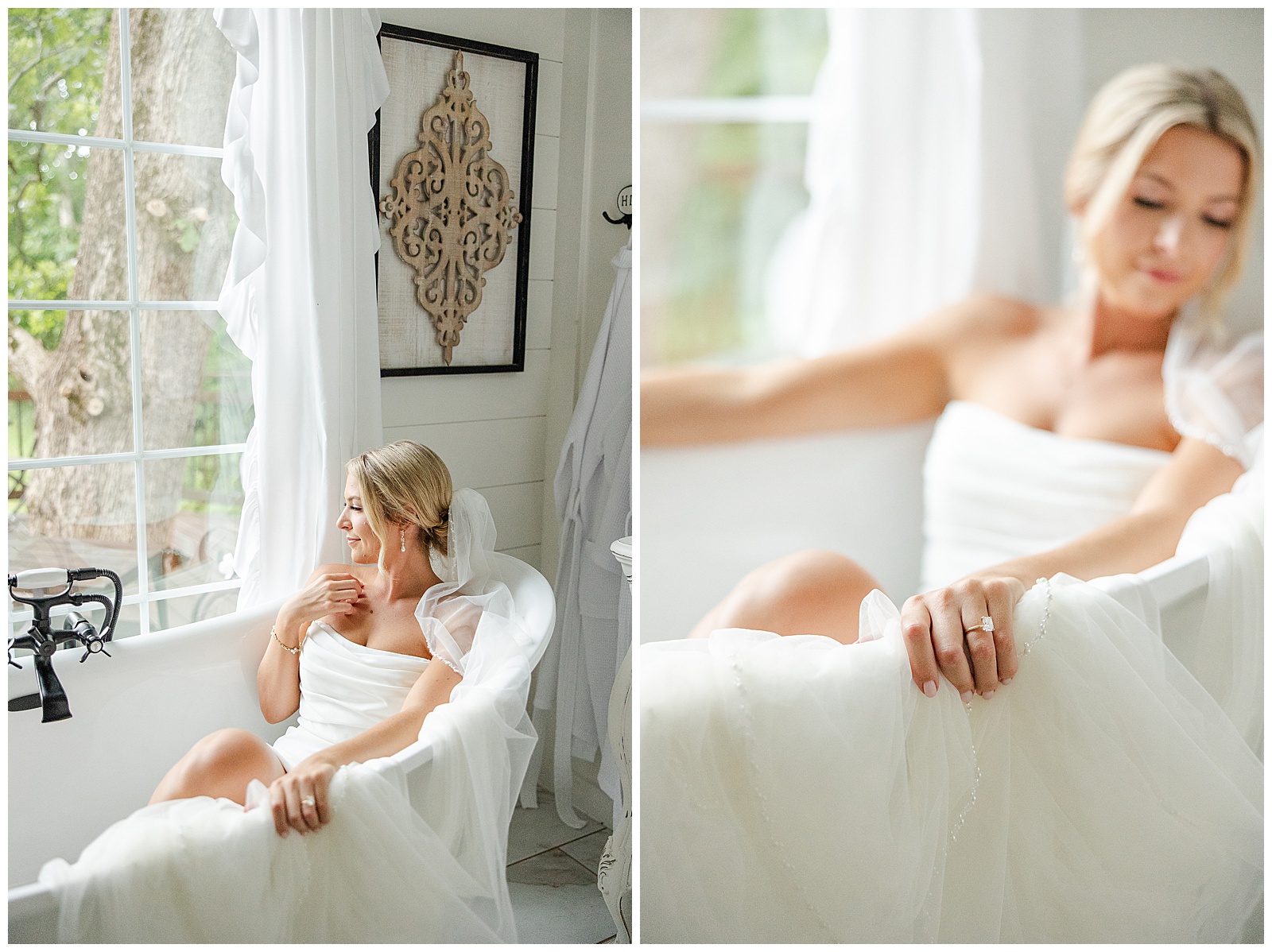 Vintage inspired portrait of bride in the clawfoot tub at Laceê Meadows venue in Belton, SC