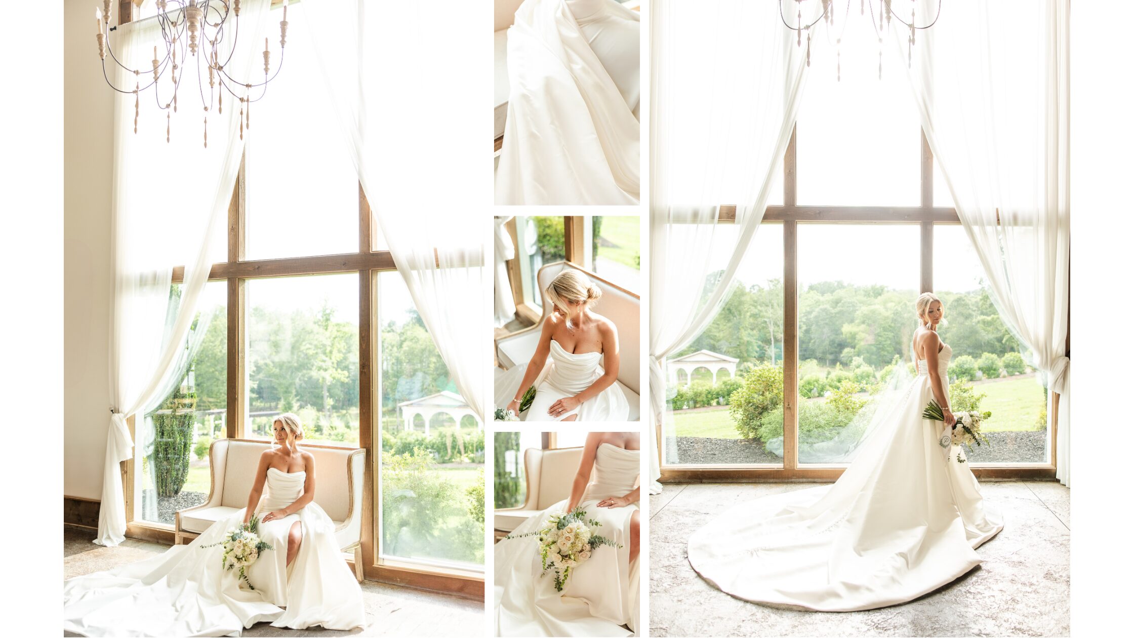 Elegant bridal portraits at Laceê Meadows wedding venue in Belton South Carolina with bride standing in front of large carriage house windows overlooking the ceremony site