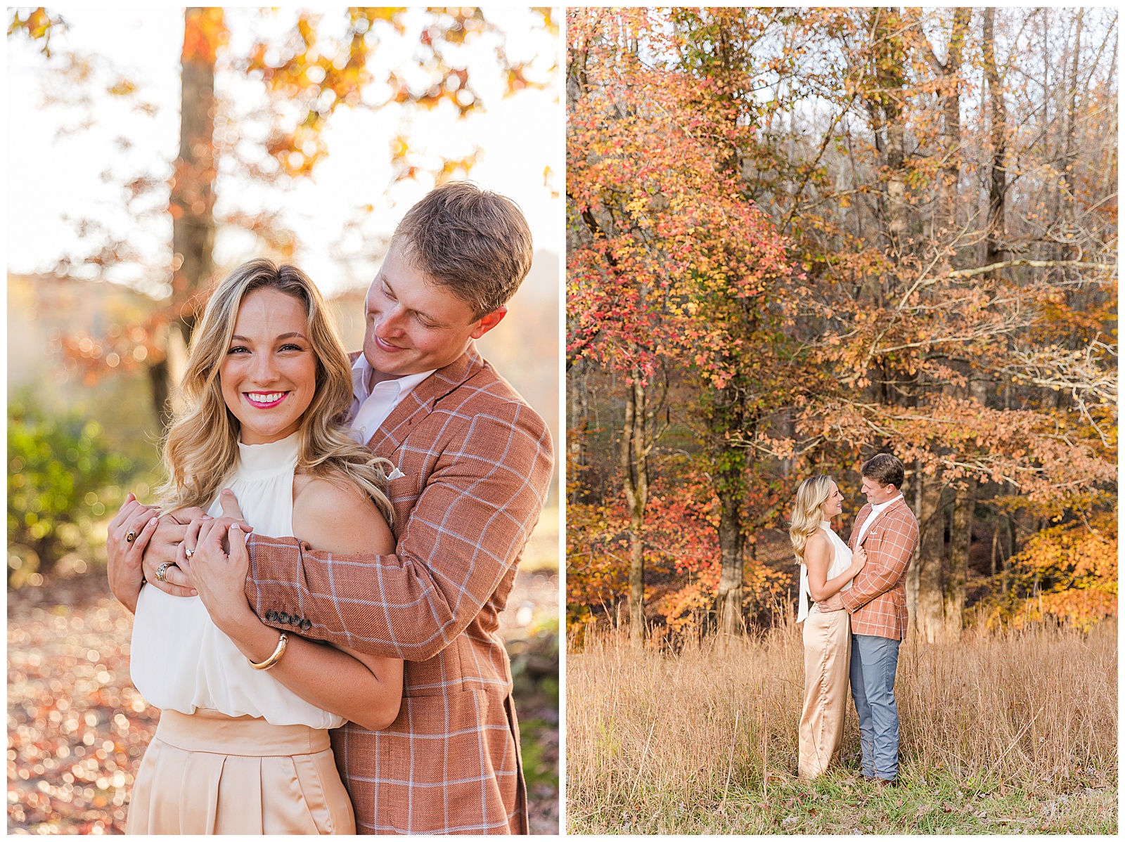 Romantic fall engagement photos in a grassy field with warm autumn tones