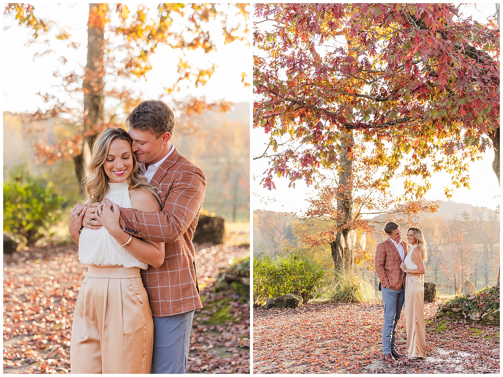 Romantic fall engagement photos in a grassy field with warm autumn tones