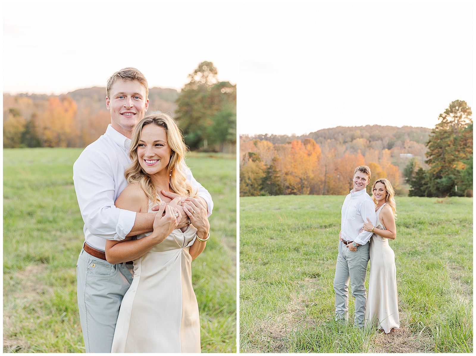 outfit ideas for engagement photos in an open field with soft fall colors