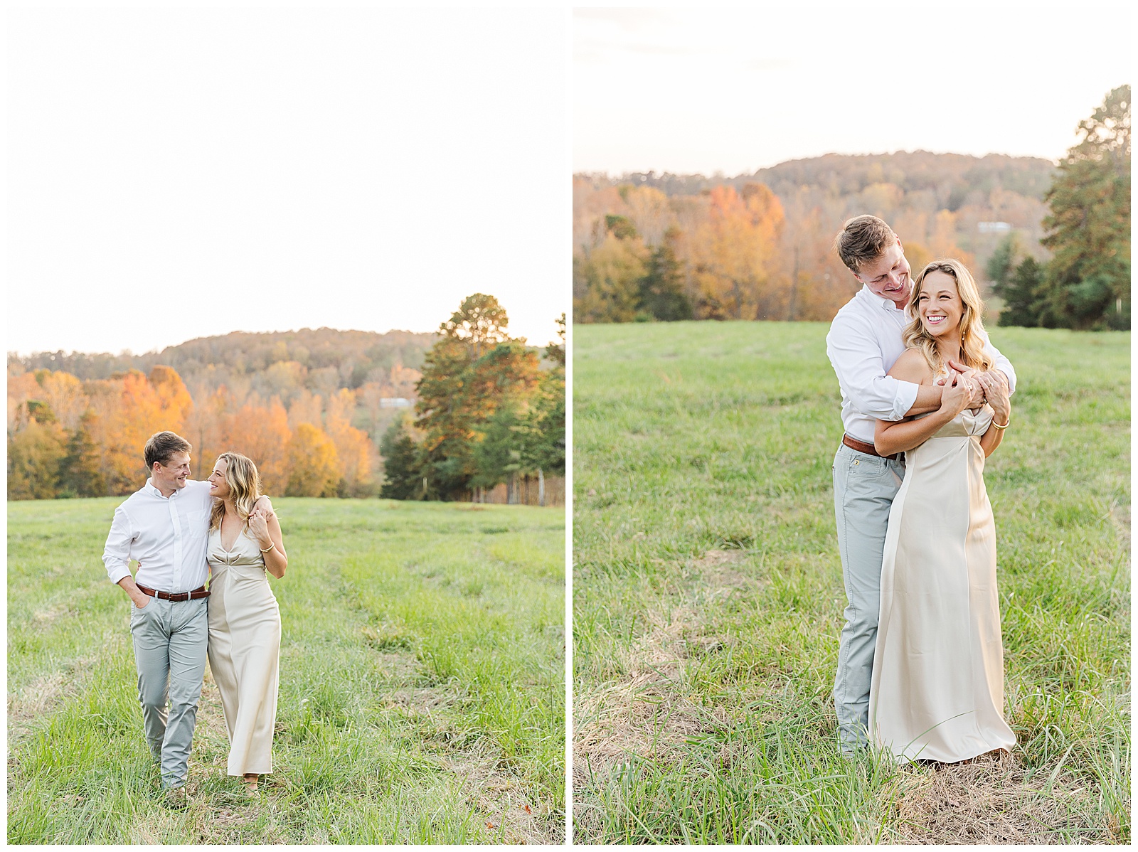 outfit ideas for engagement photos in an open field with soft fall colors