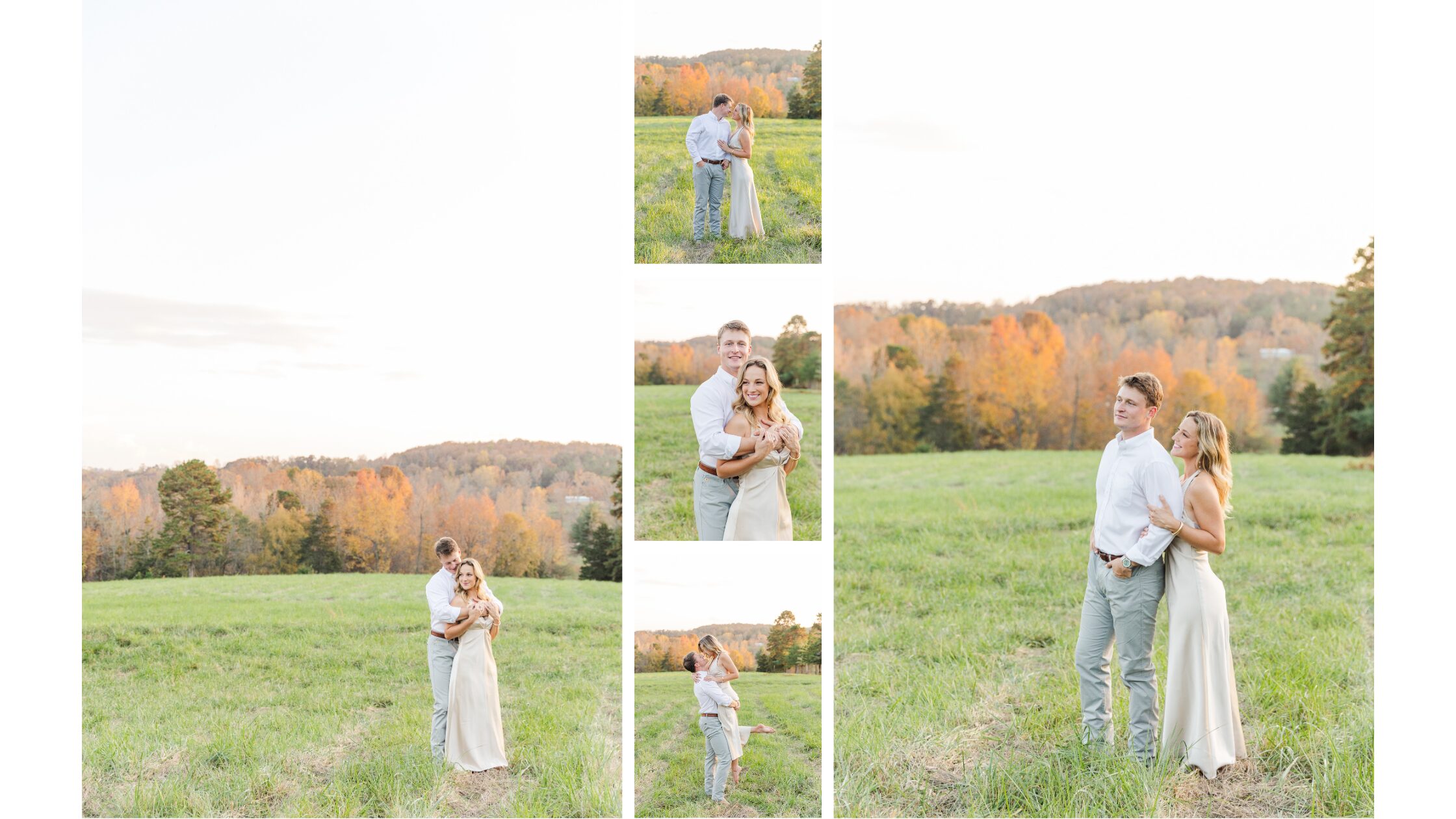 Couple in a field during a fall engagement session, outfit inspiration for what to wear for engagement photos